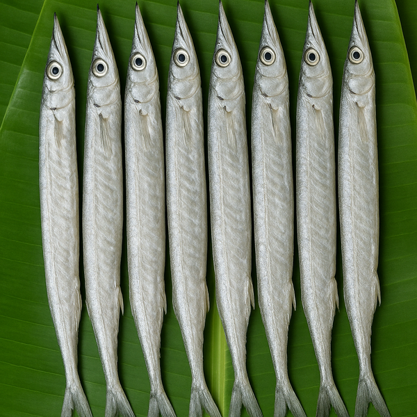 Generated 10 small needle fish product image on banana leaf