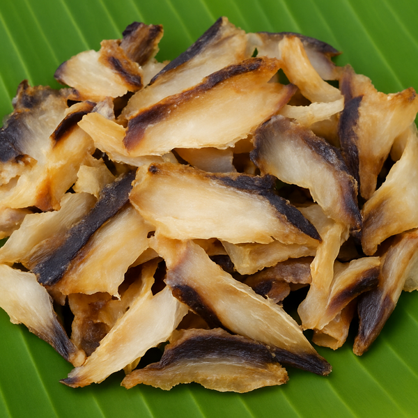 Generated dried fish flakes with brown and black shades on banana leaf