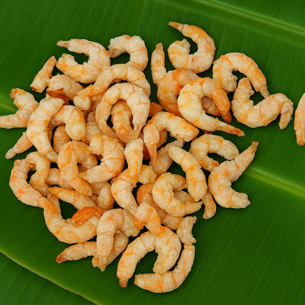Generated dried prawns product image on banana leaf