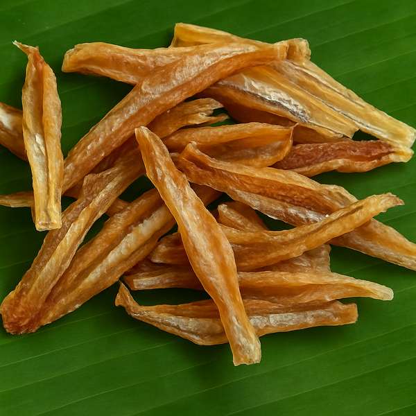 Generated dried squid strips product image on banana leaf