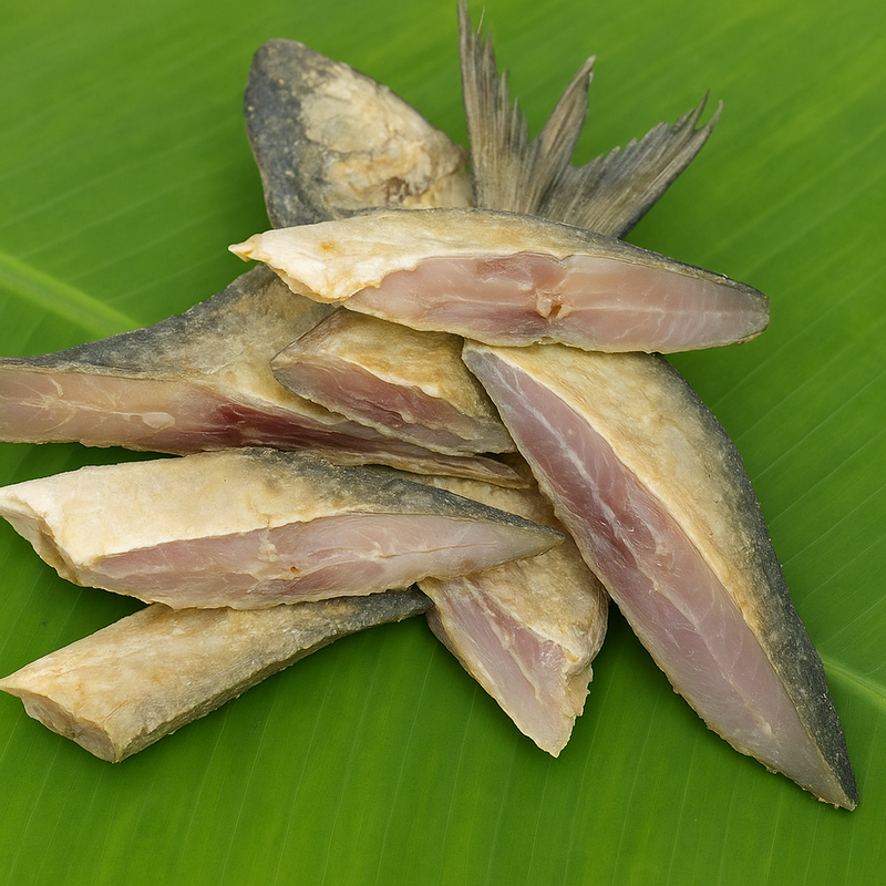 Generated dry fish product image on banana leaf