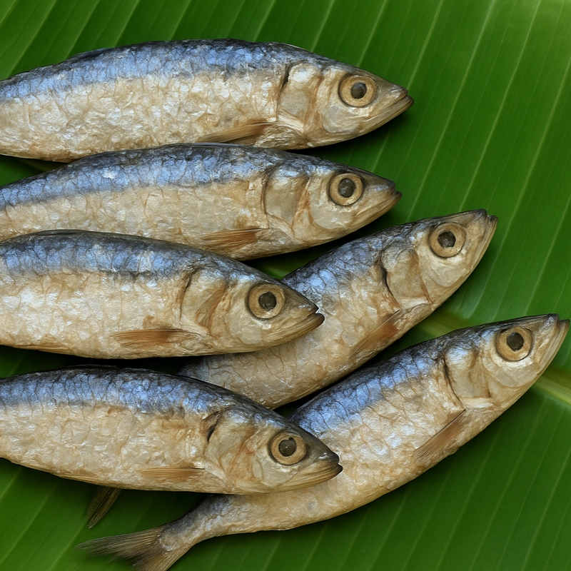 Generated dry fish product image on banana leaf