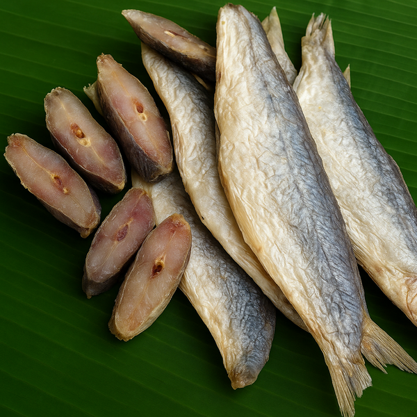 Generated dry fish product image on banana leaf