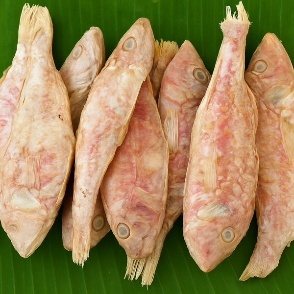 Generated large dry fish with reddish shades on banana leaf