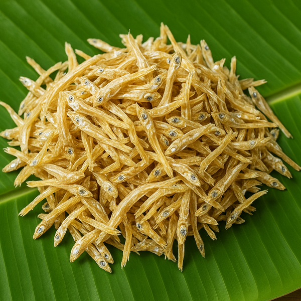 Generated tiny dry fish product image on banana leaf