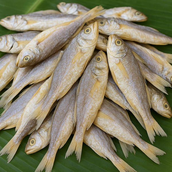Generated whole dry fish product image on banana leaf