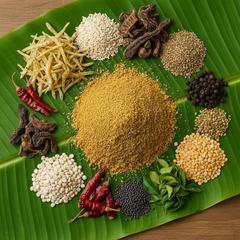 Indian spiny lounch idli podi with dried fish on banana leaf
