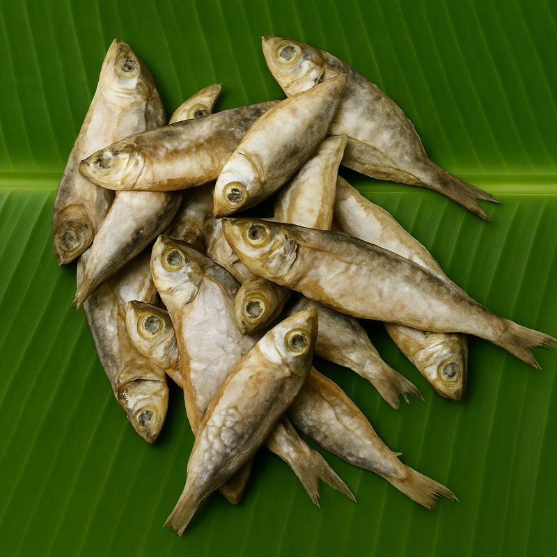 Professional product image of dried fish on banana leaf