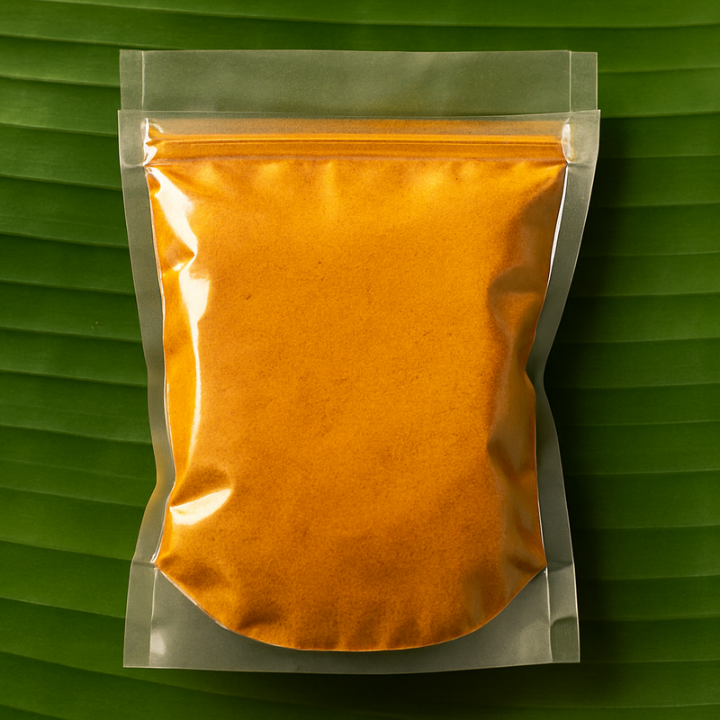 Professional product image of homemade masala on banana leaf