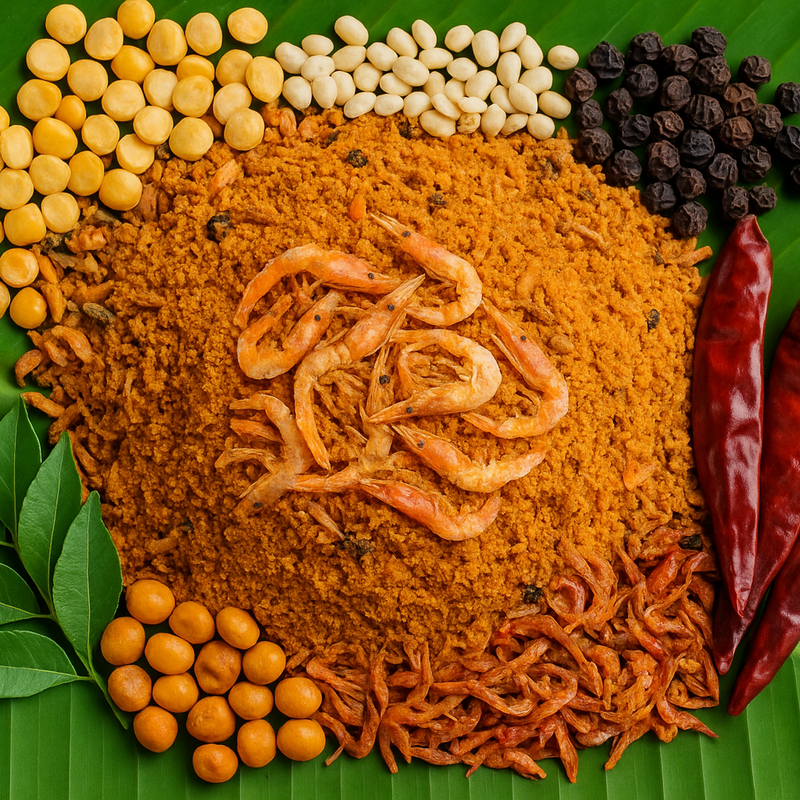 Professional product image of homemade masala with abundant dried shrimp and spices on banana leaf