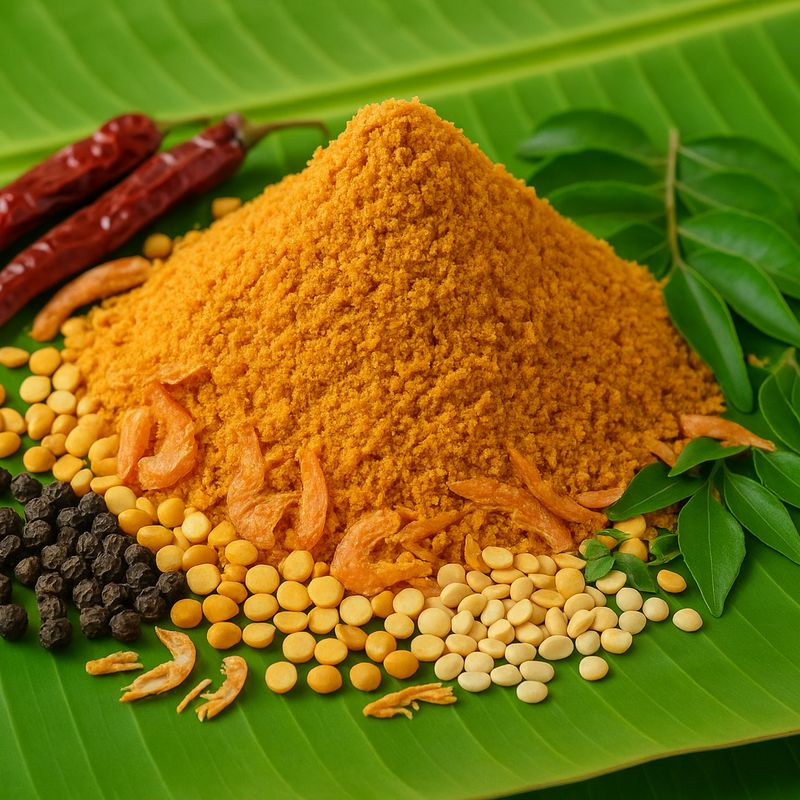 Professional product image of homemade masala with dal, spices and dried shrimp on banana leaf