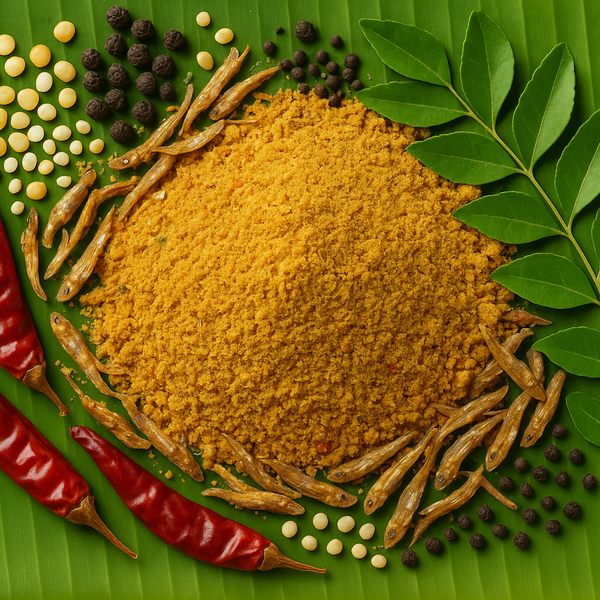 Professional product image of homemade masala with yellow shade and ingredients on banana leaf