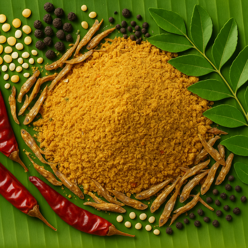 Professional product image of homemade masala with yellow shade and ingredients on banana leaf