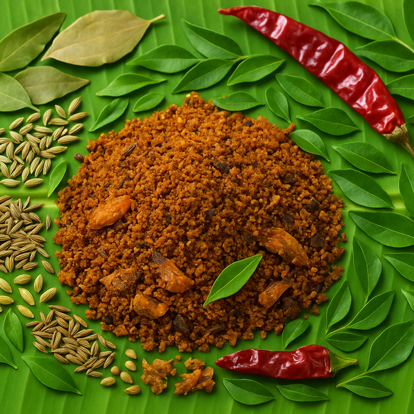 Professional product image of masala powder with spice ingredients on banana leaf