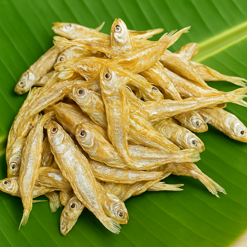 Square format dried fish on banana leaf