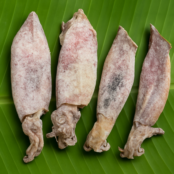 Square format dried fish on banana leaf