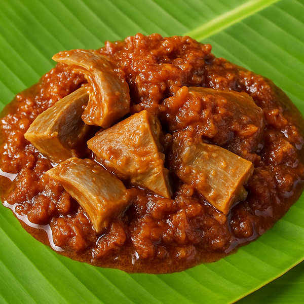 Square format Ray fish karuvadu thokku on banana leaf