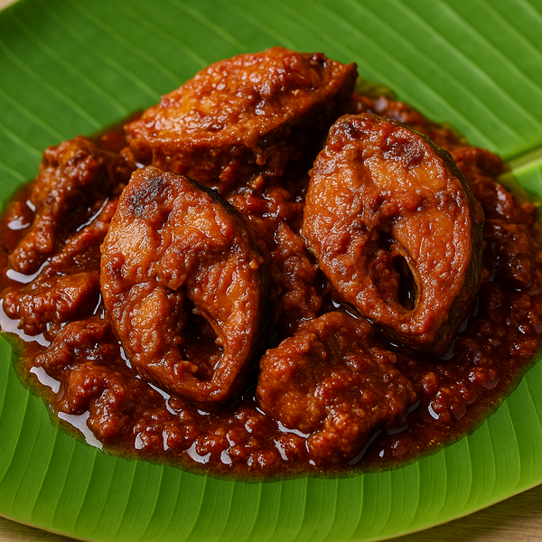 Square format Vanjaram karuvadu thokku on banana leaf