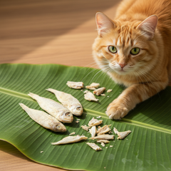 Dried fish for cats with cat on banana leaf for Meta ads