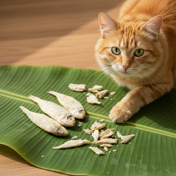 Dried fish for cats with cat on banana leaf for Meta ads