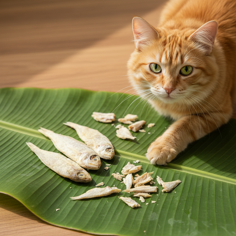 Dried fish for cats with cat on banana leaf for Meta ads