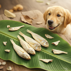 Dried fish for dogs with dog on banana leaf for Meta ads