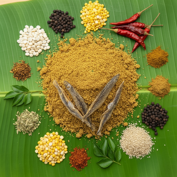 Flying Fish Idli Podi on banana leaf - no text or logo