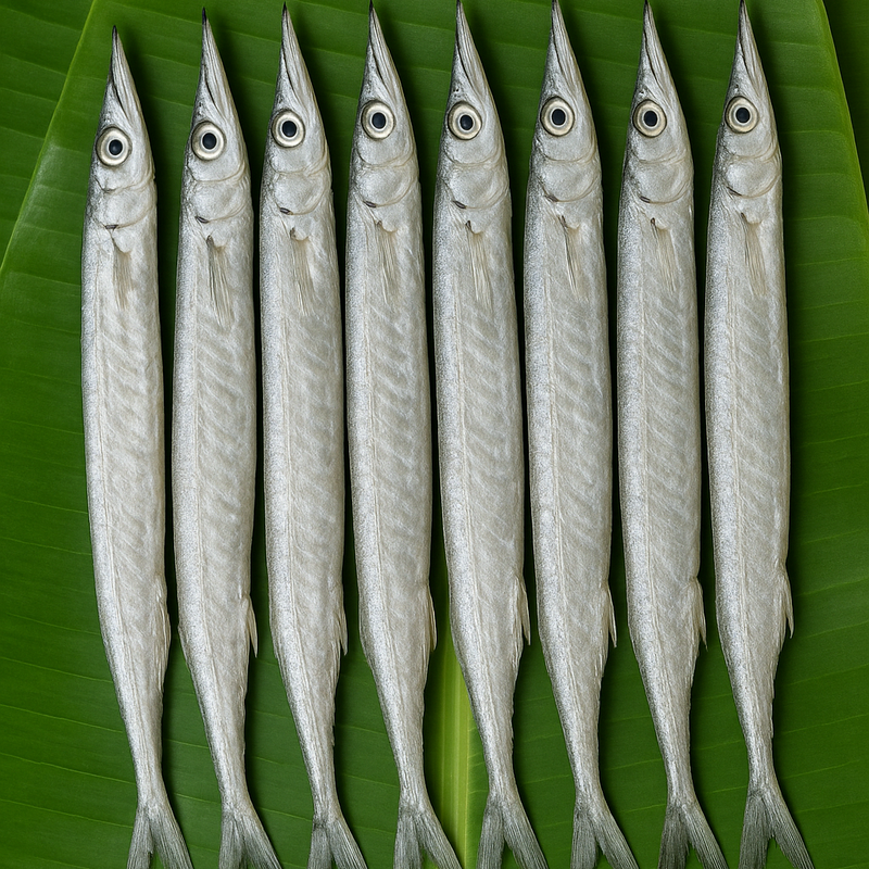 Generated 10 small needle fish product image on banana leaf