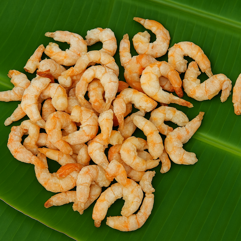 Generated dried prawns product image on banana leaf