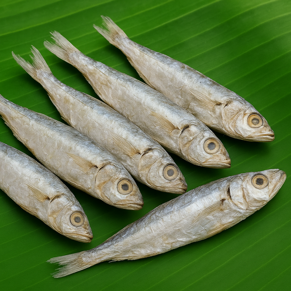 Generated dry fish product image on banana leaf