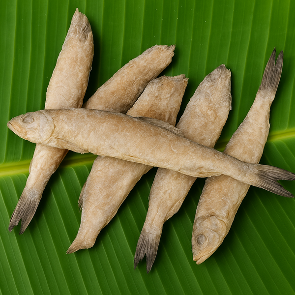 Generated dry fish product image on banana leaf