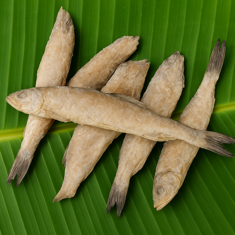 Generated dry fish product image on banana leaf
