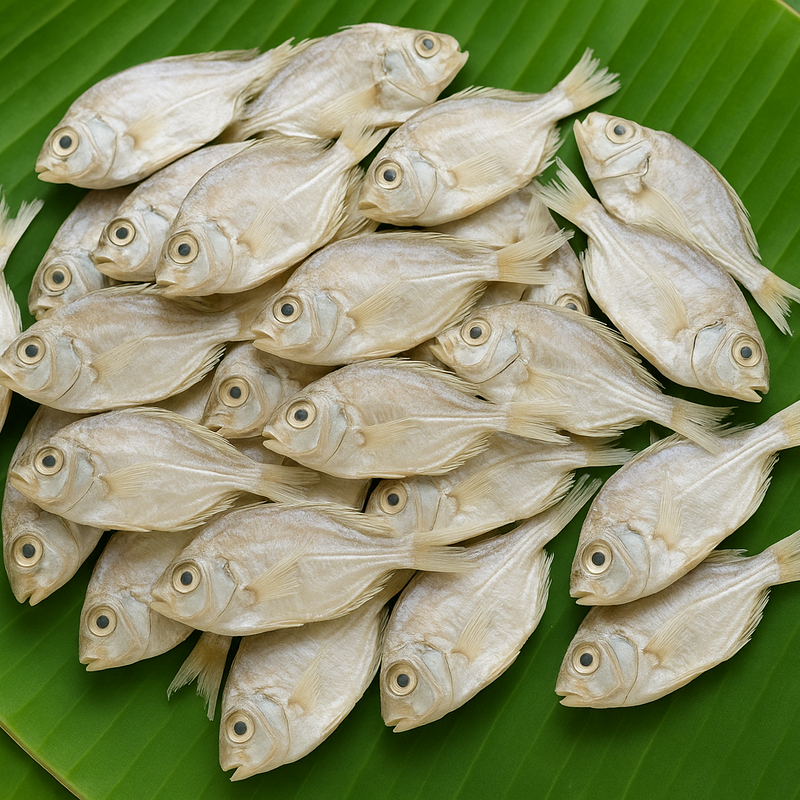 Generated dry fish product image on banana leaf