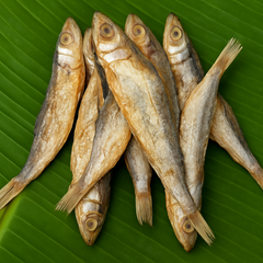 Generated dry fish product image on banana leaf