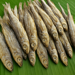 Generated dry fish product image on banana leaf