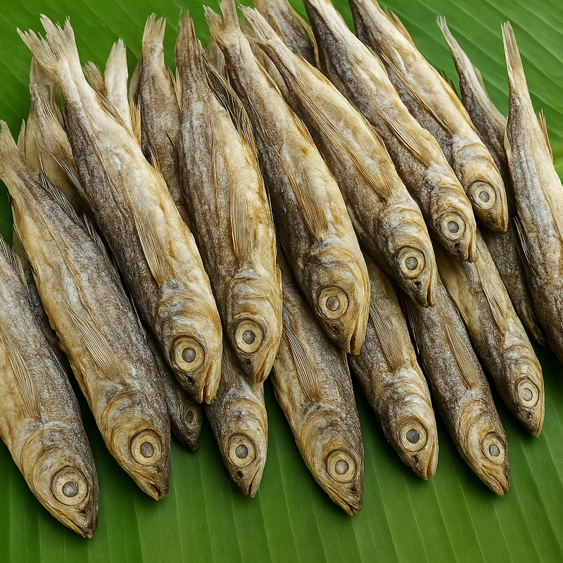 Generated dry fish product image on banana leaf