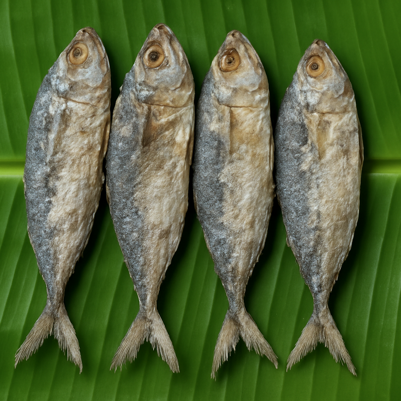Generated dry fish product image on banana leaf