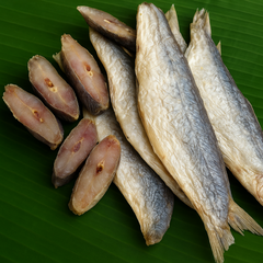 Generated dry fish product image on banana leaf