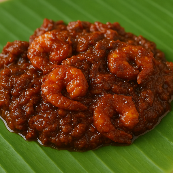 Generated paste shrimp thokku product image on banana leaf