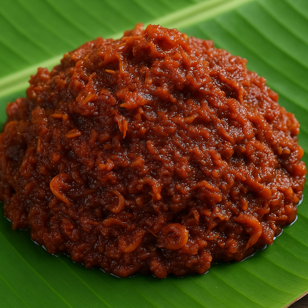 Generated paste shrimp thokku with very small shrimps on banana leaf
