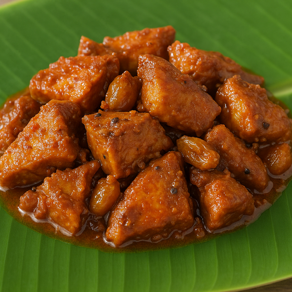 Generated ready to eat Ghee Fish Pickle product image on banana leaf