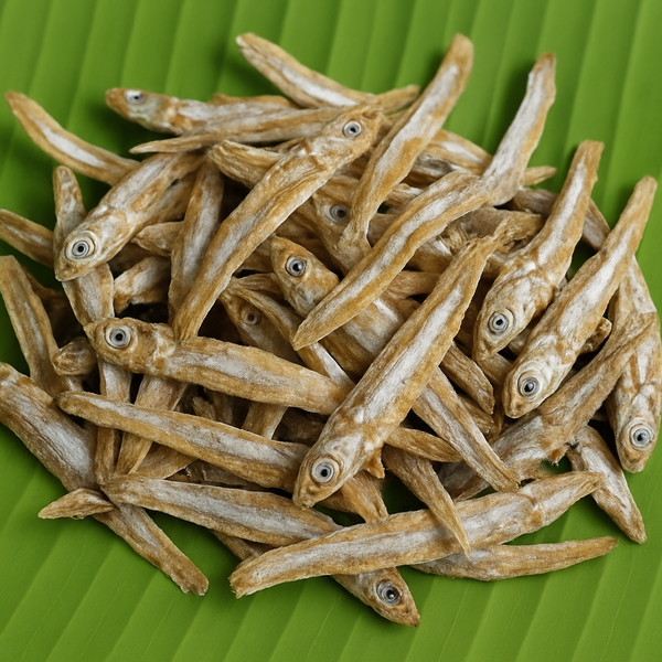 Generated small dry fish product image on banana leaf