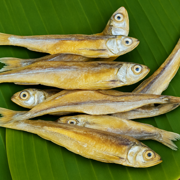 Generated small dry fish product image on banana leaf