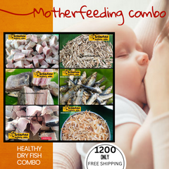 The image displays a variety of dry fish products under the title 'Mother feeding combo'. It shows different types of fish and shrimp, commonly used as nutritious snacks, packaged and presented for consumption.