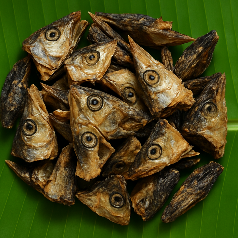 Professional product image of dried fish heads on banana leaf