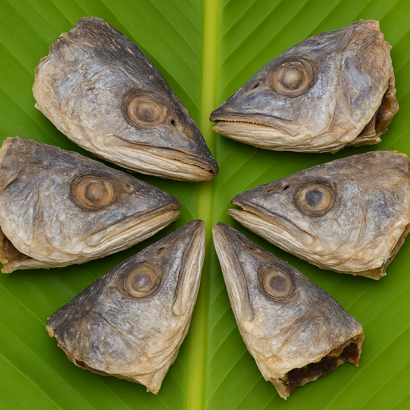 Professional product image of dried fish heads on banana leaf