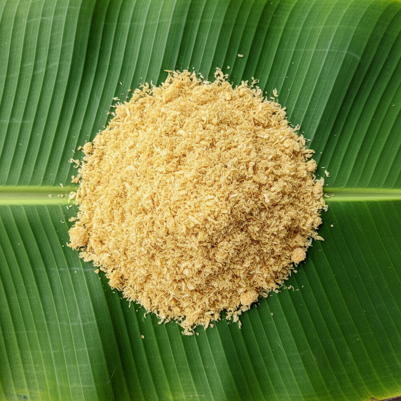Shrimp powder for pet food on banana leaf