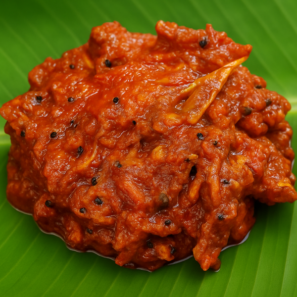 Square format Ayarai thokku on banana leaf