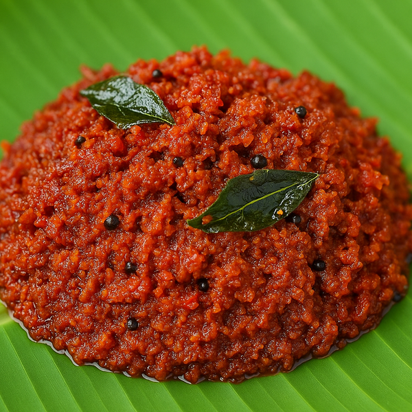 Square format crushed Masi karuvadu thokku with small pieces, red shade, fried curry leaves and mustard seeds on banana leaf