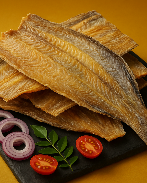 Square format dried fish fillets with onions, tomatoes, curry leaves and red chilies
